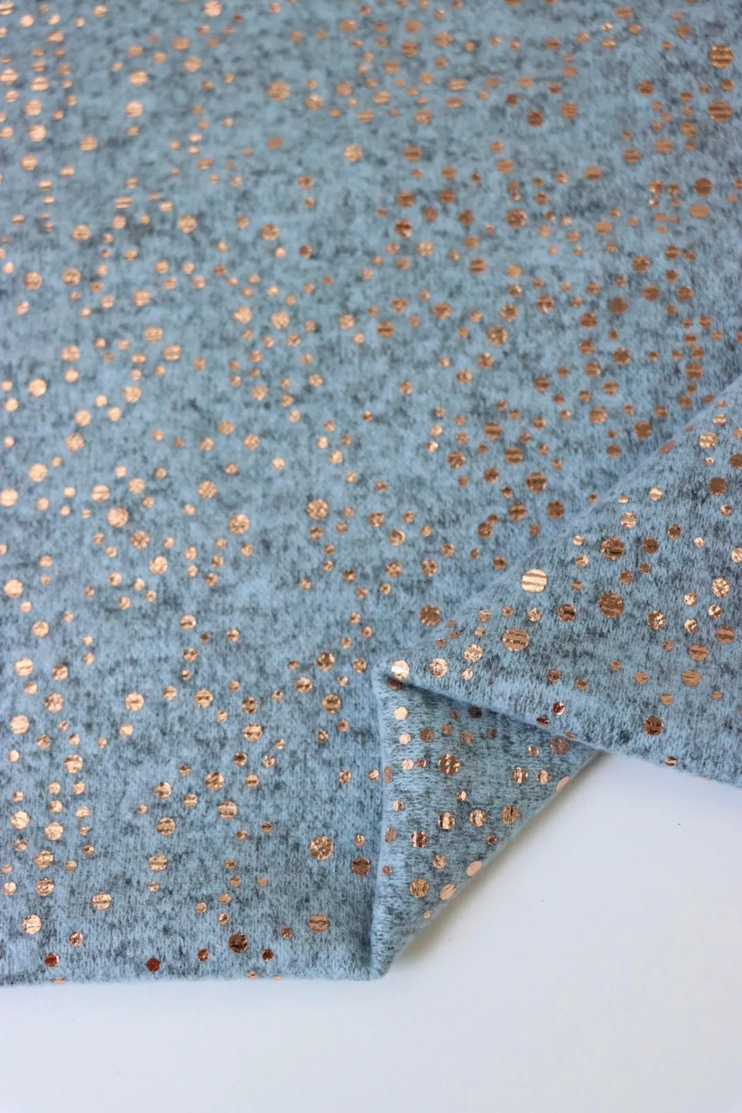 1YD PRECUT; Dusty Blue Marl & Rose Gold Flecks Brushed Sweater Knit