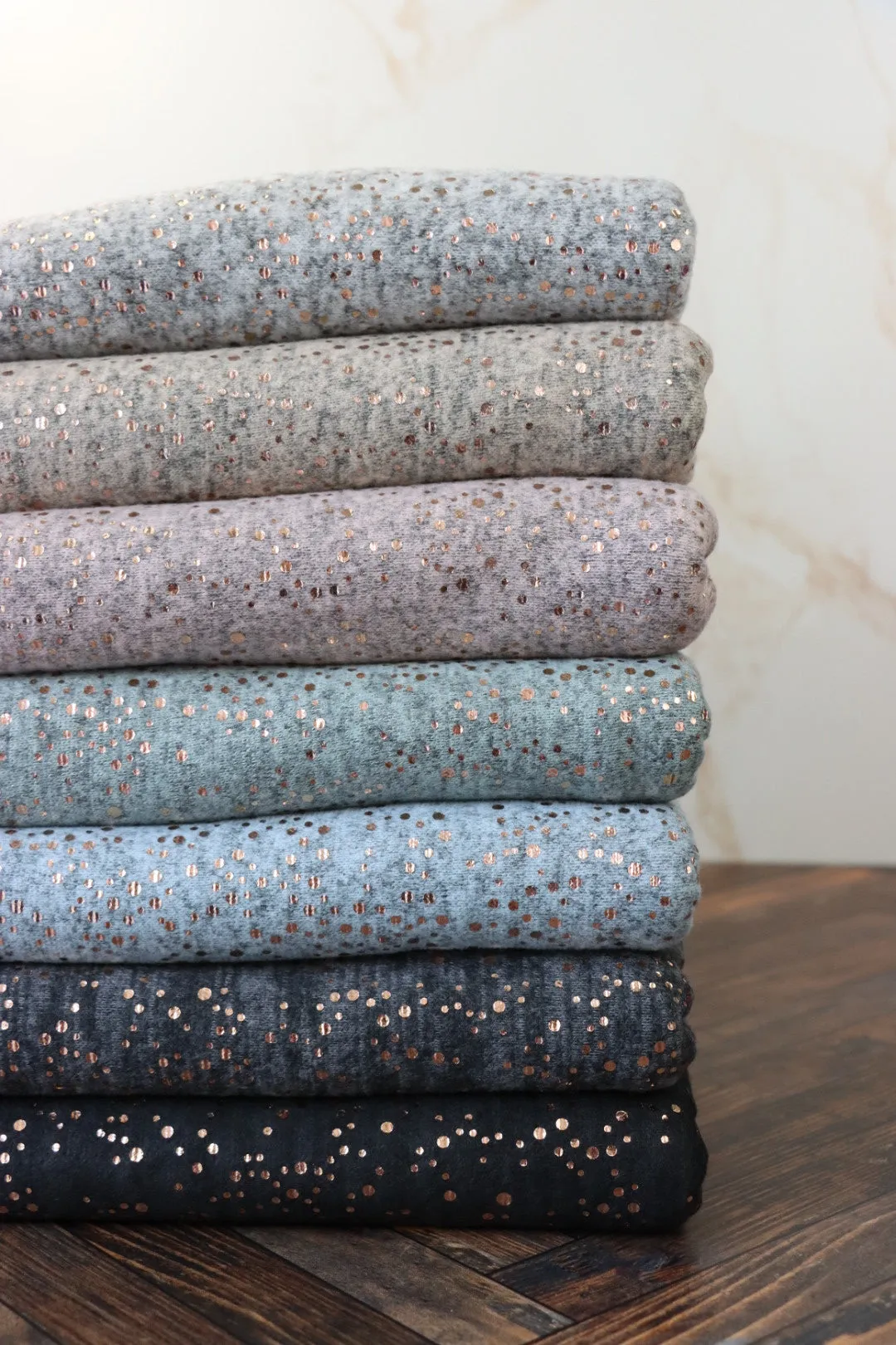 1YD PRECUT; Dusty Blue Marl & Rose Gold Flecks Brushed Sweater Knit