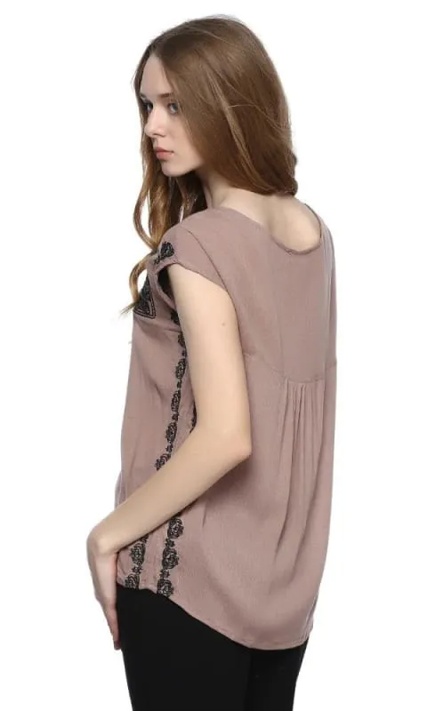39088 Embroidered Top Tassel Detail - Dark Coffee