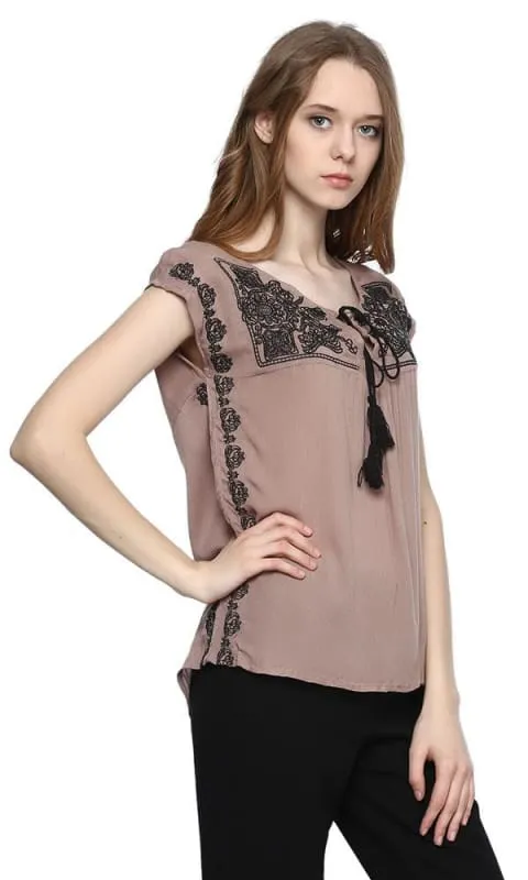 39088 Embroidered Top Tassel Detail - Dark Coffee