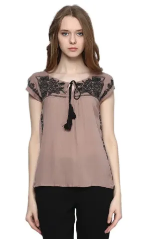39088 Embroidered Top Tassel Detail - Dark Coffee