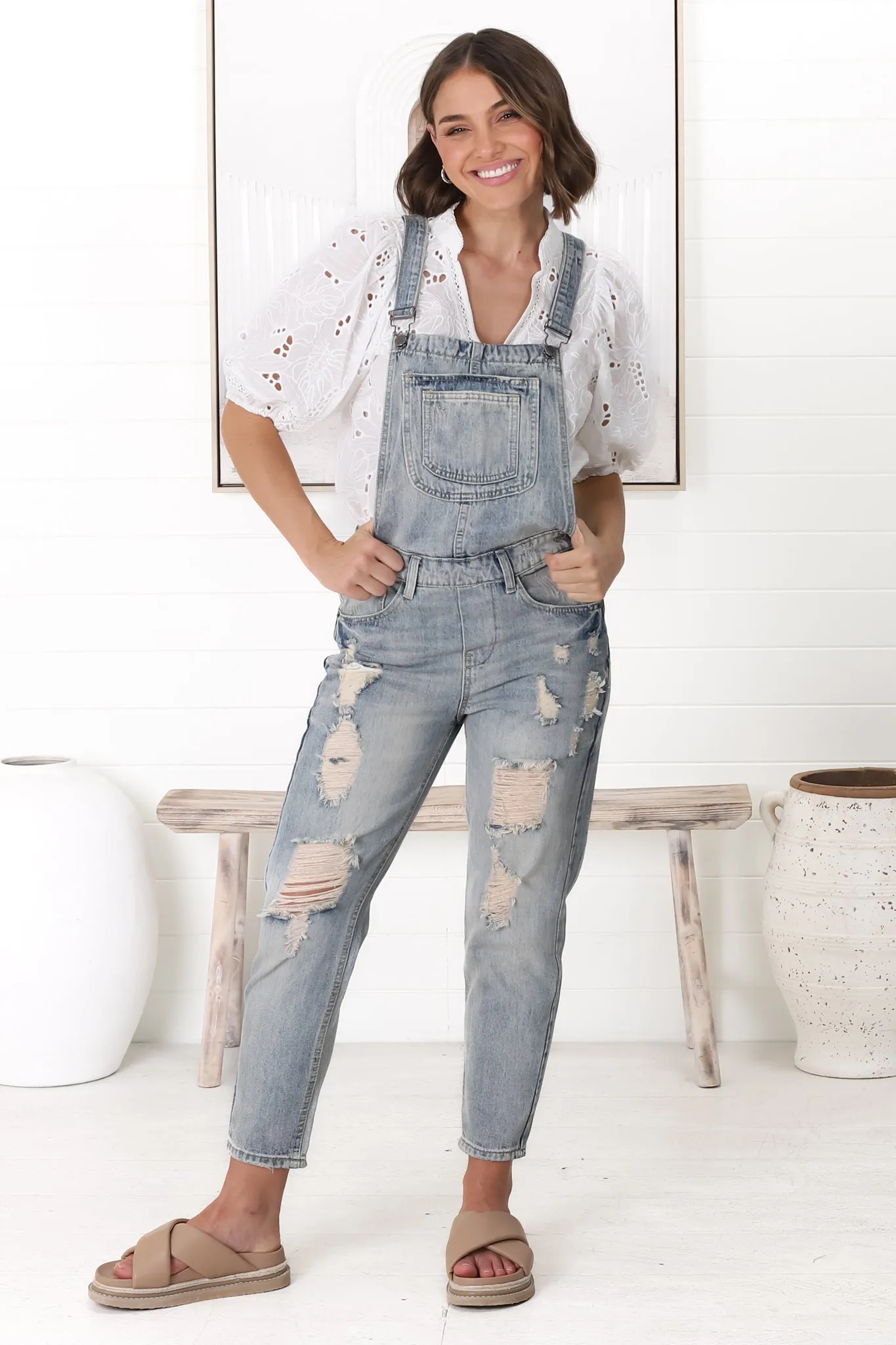 Aeryn Denim Overalls - Straight Leg Dungarees in Stone Wash Denim