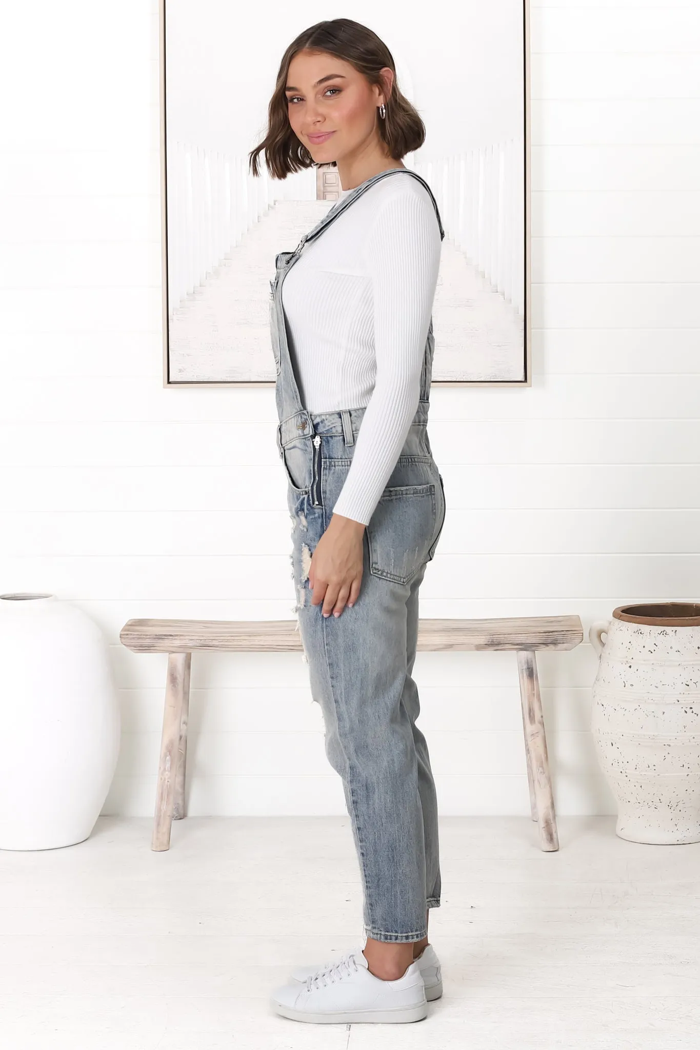 Aeryn Denim Overalls - Straight Leg Dungarees in Stone Wash Denim