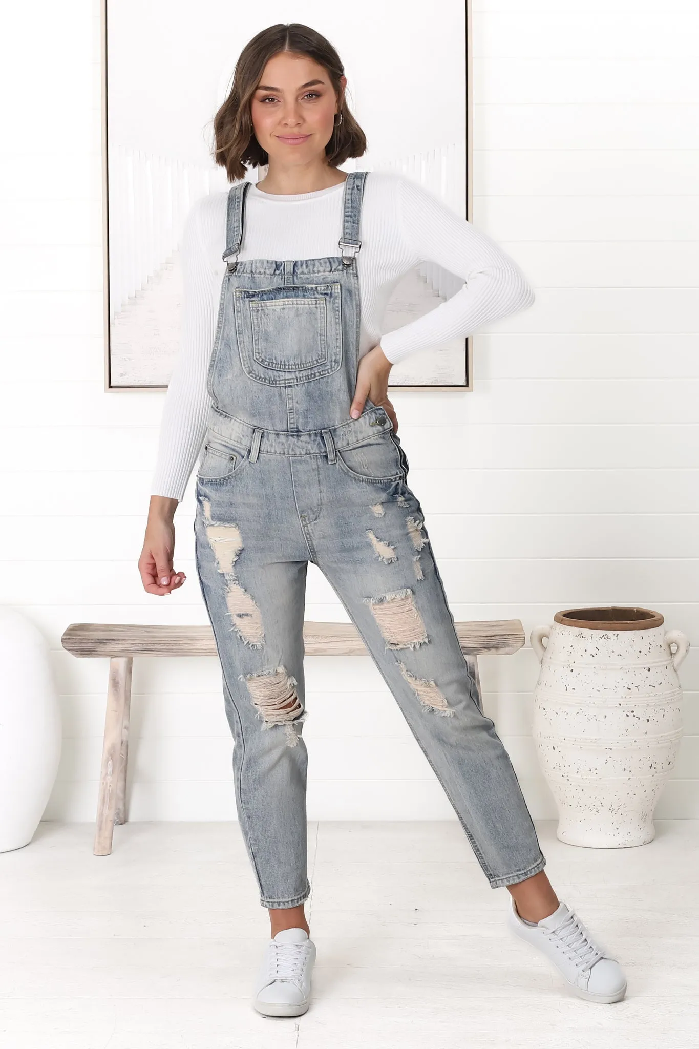 Aeryn Denim Overalls - Straight Leg Dungarees in Stone Wash Denim