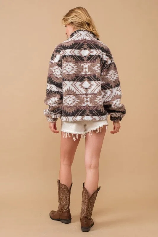 Aztec Teddy Mock Neck Zip Up Pullover Top