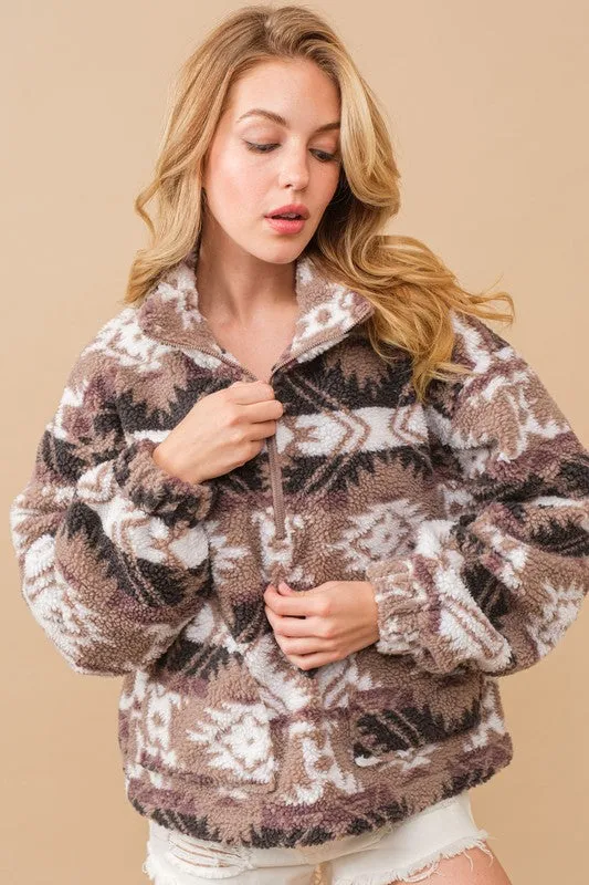 Aztec Teddy Mock Neck Zip Up Pullover Top
