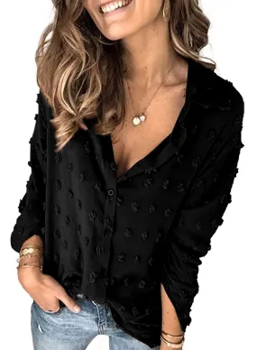 Black Long Sleeve Women Pompom Button Down Shirt Casual Blouse Top - Astylish