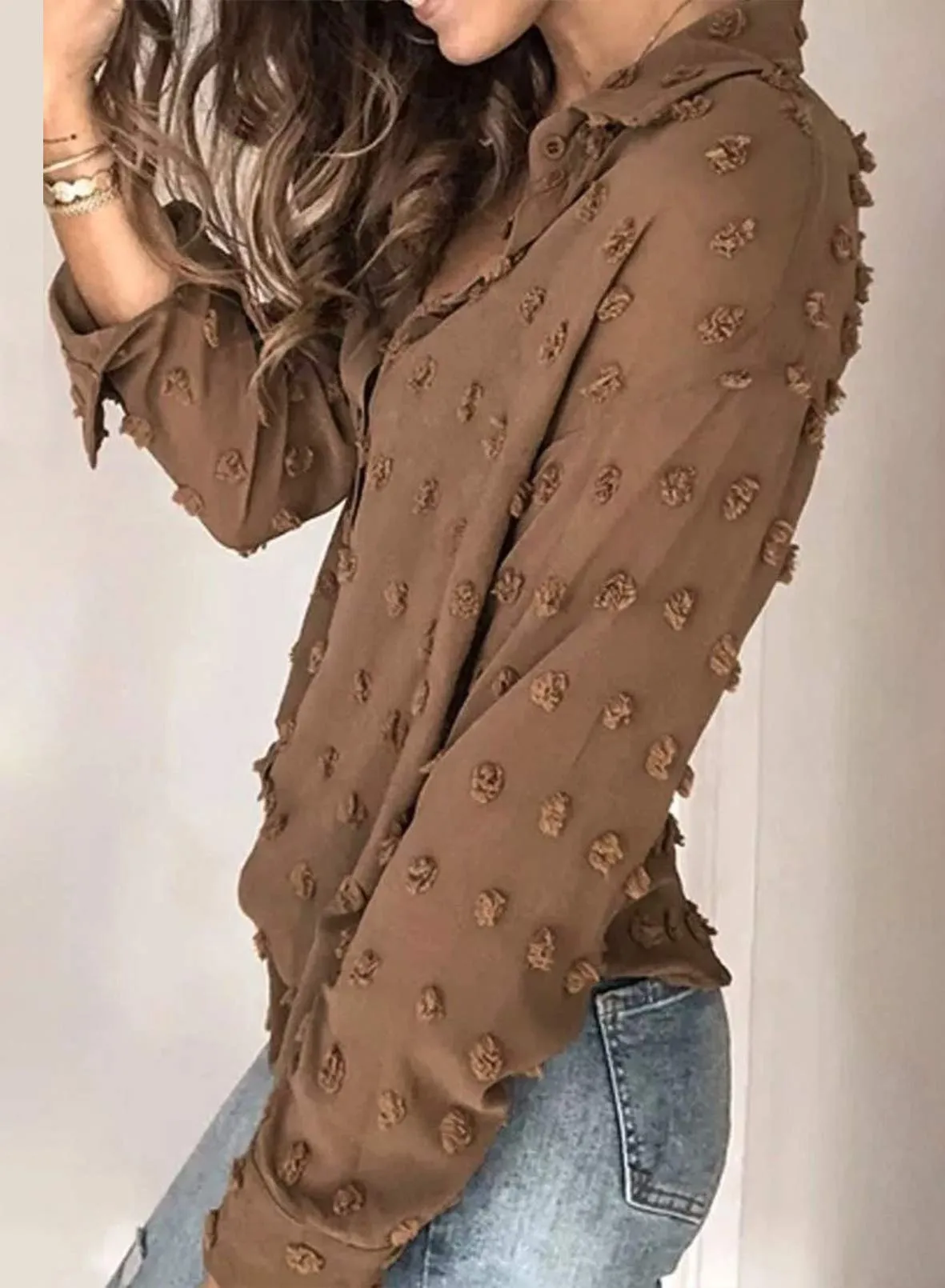 Black Long Sleeve Women Pompom Button Down Shirt Casual Blouse Top - Astylish