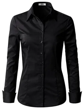 Black Sleeve Womens Slim-Fit Long Sleeve Stretchy Button Down Collar Office Formal Casual Shirt Blouse - EZEN