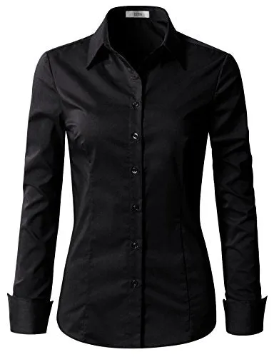 Black Sleeve Womens Slim-Fit Long Sleeve Stretchy Button Down Collar Office Formal Casual Shirt Blouse - EZEN