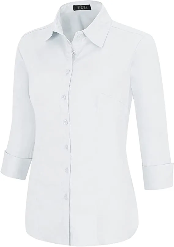 Black Sleeve Womens Slim-Fit Long Sleeve Stretchy Button Down Collar Office Formal Casual Shirt Blouse - EZEN