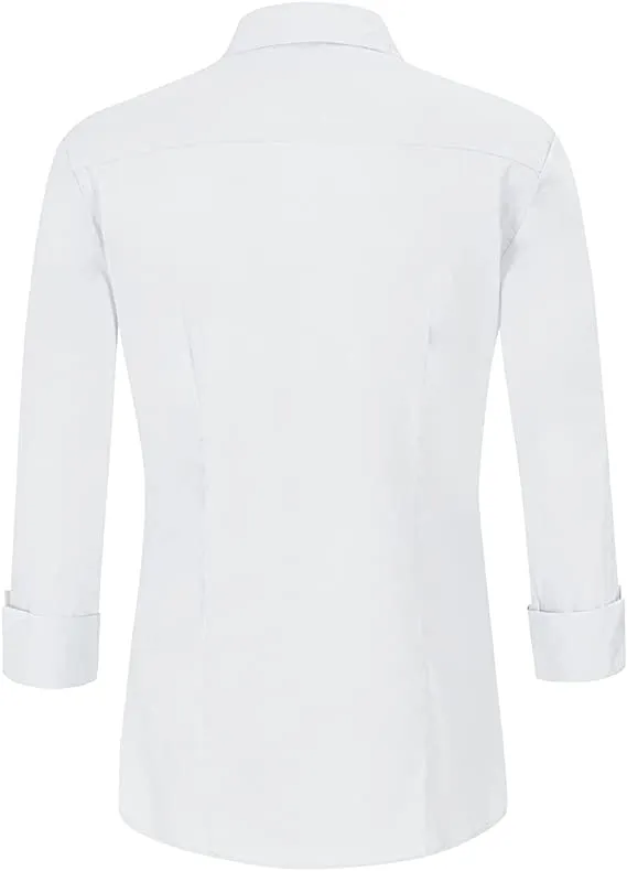 Black Sleeve Womens Slim-Fit Long Sleeve Stretchy Button Down Collar Office Formal Casual Shirt Blouse - EZEN