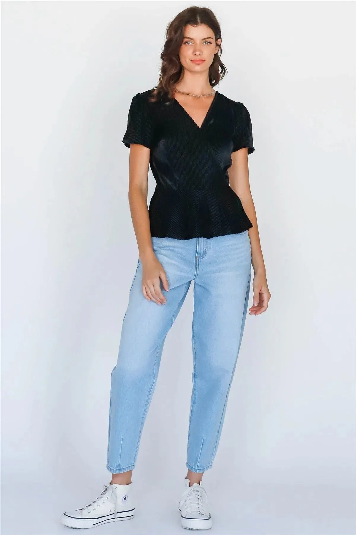 Black Velvet Wrap V-Neck Self Tie Short Sleeve Top /2-2-3
