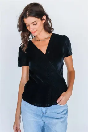 Black Velvet Wrap V-Neck Self Tie Short Sleeve Top /2-2-3