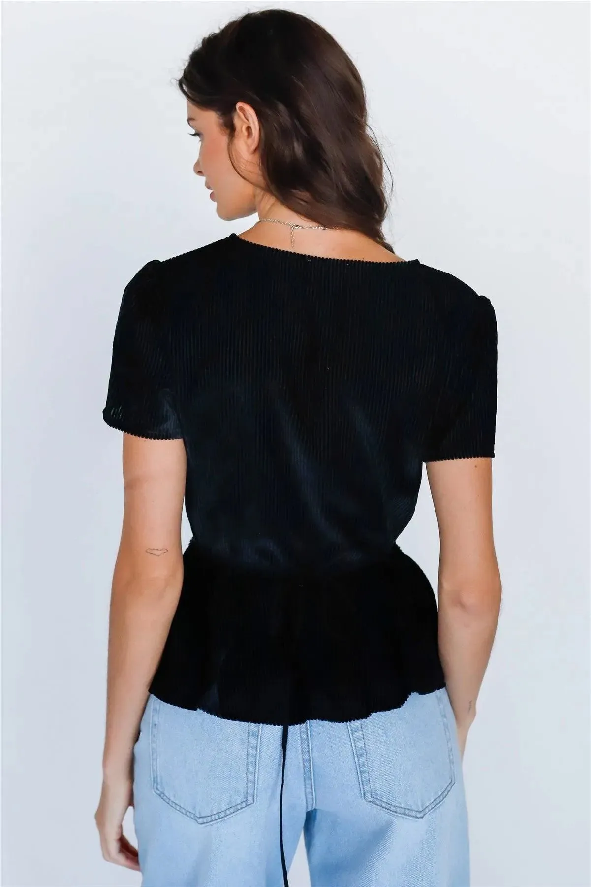Black Velvet Wrap V-Neck Self Tie Short Sleeve Top /2-2-3