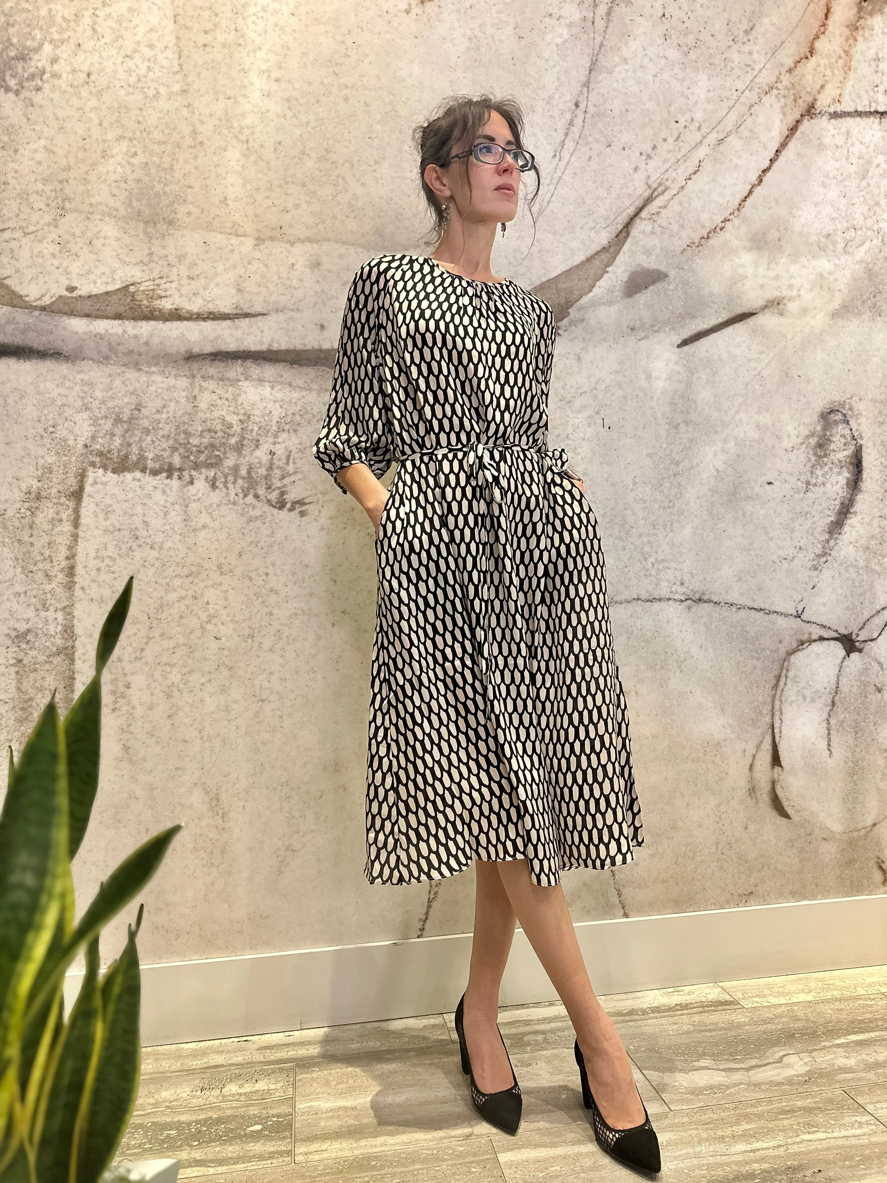 Black-White Elegant Silk Dress