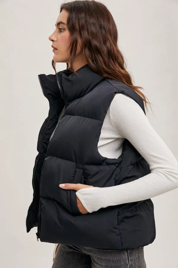Bluivy Zipper Front Puffer Vest, Black