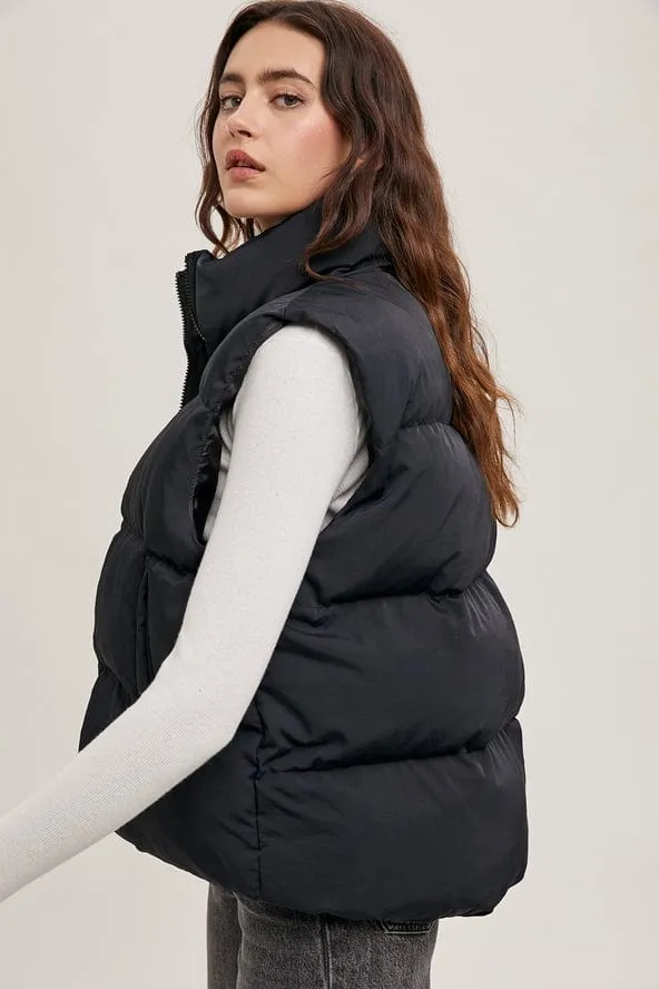 Bluivy Zipper Front Puffer Vest, Black