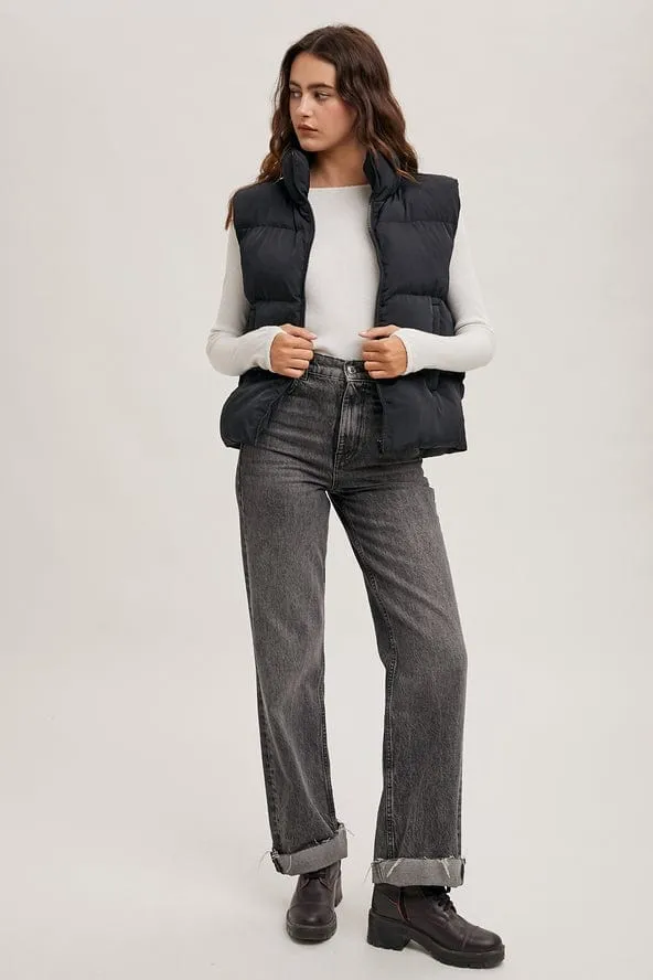 Bluivy Zipper Front Puffer Vest, Black