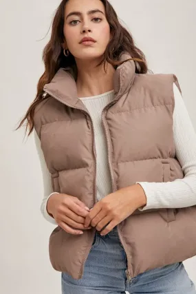 Bluivy Zipper Front Puffer Vest, Mushroom