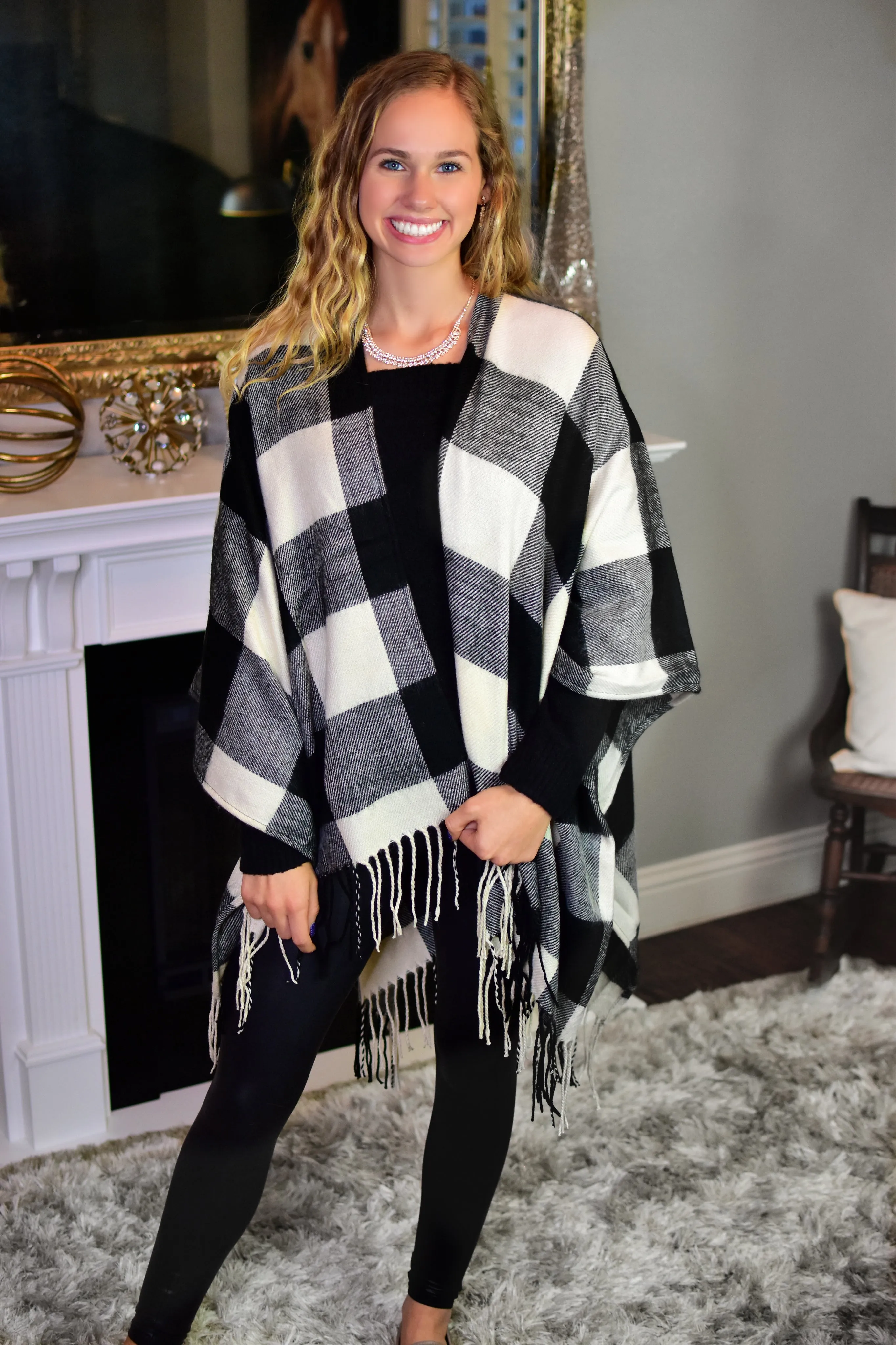 Buffalo Check Tassel Fringe Ruana Poncho