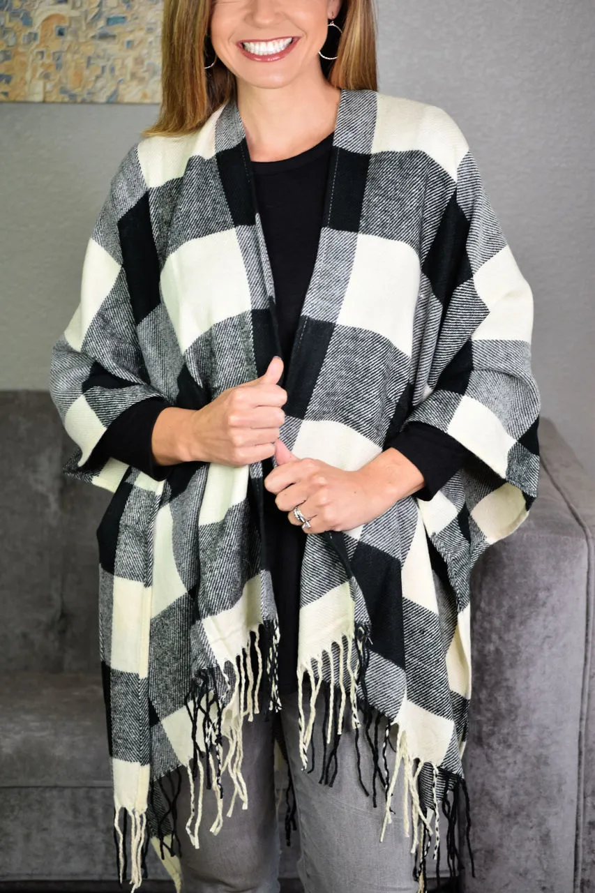 Buffalo Check Tassel Fringe Ruana Poncho