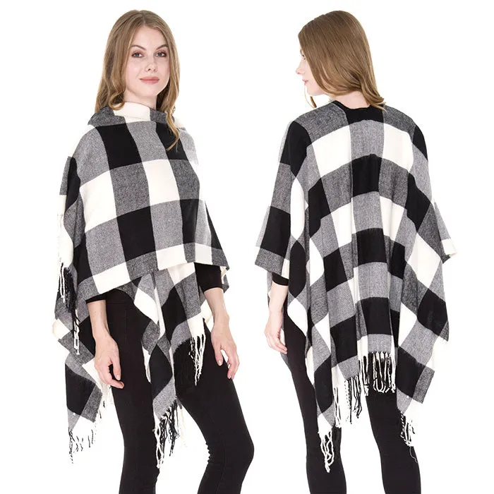 Buffalo Check Tassel Fringe Ruana Poncho
