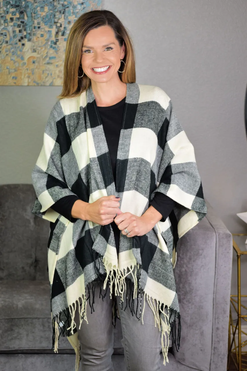 Buffalo Check Tassel Fringe Ruana Poncho