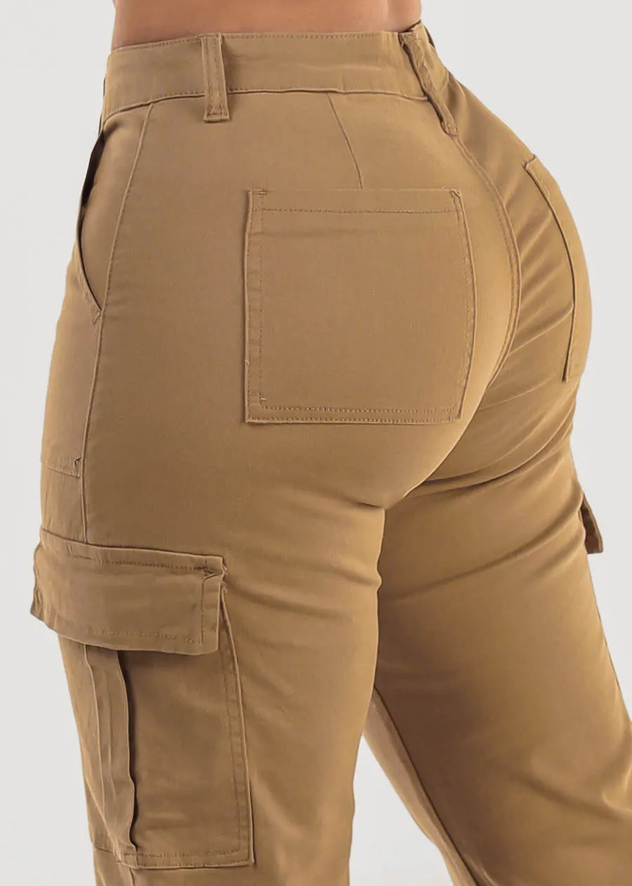 Butt Lift Mid Rise Straight Wide Leg Cargo Pants Khaki