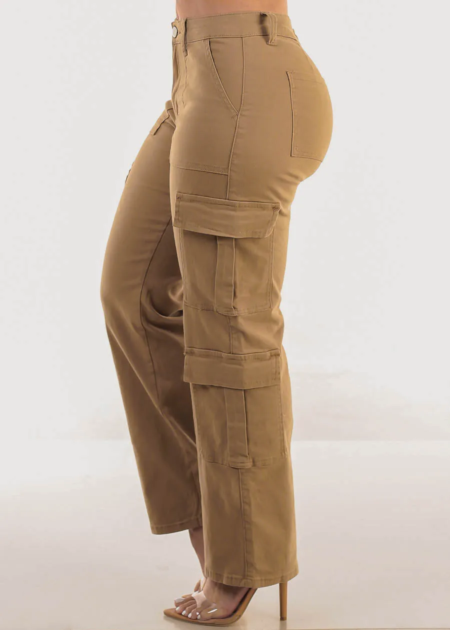 Butt Lift Mid Rise Straight Wide Leg Cargo Pants Khaki