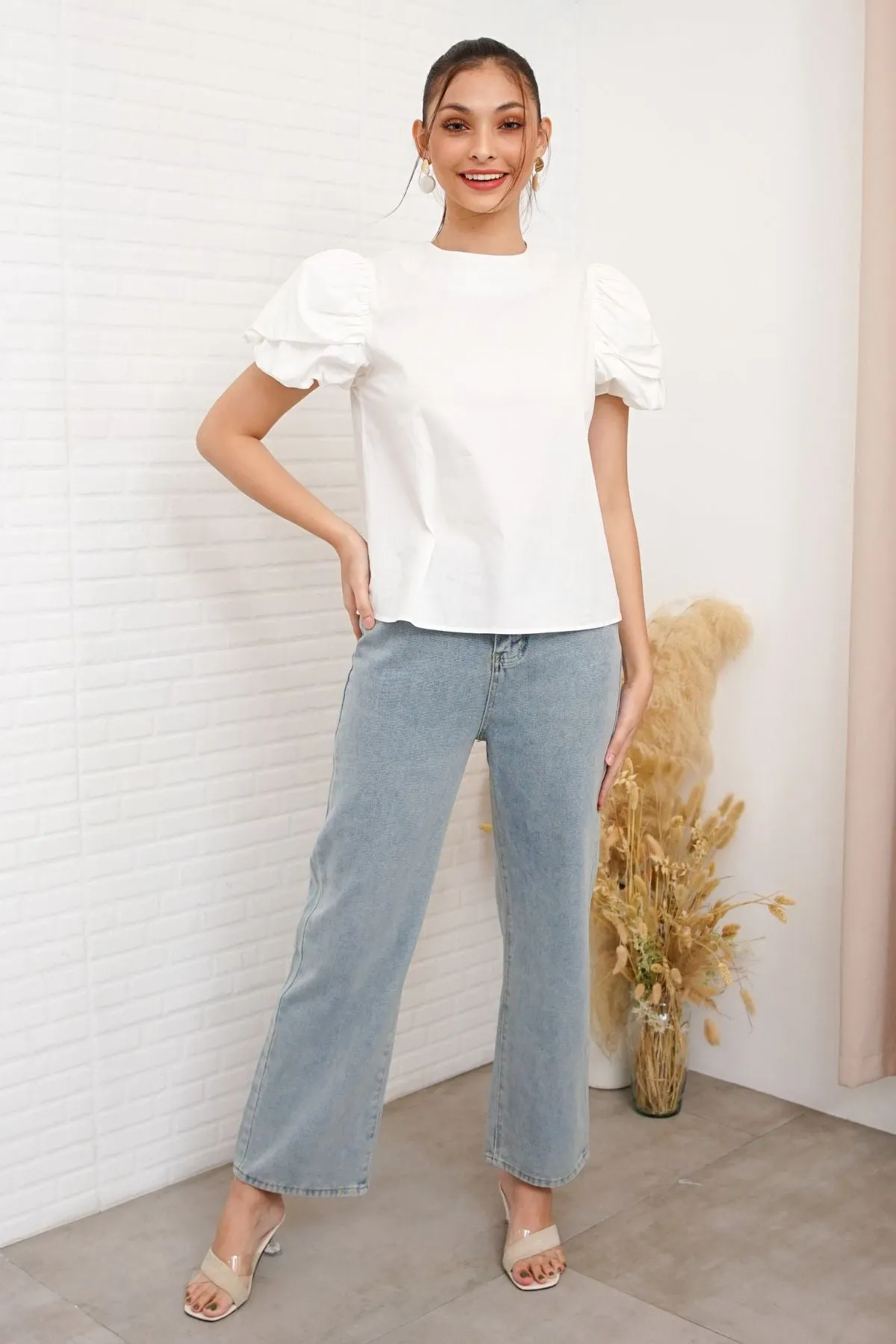 CATALEYA Poplin Puff-Sleeve Top (White)