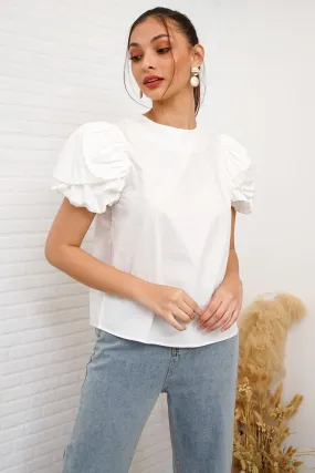 CATALEYA Poplin Puff-Sleeve Top (White)