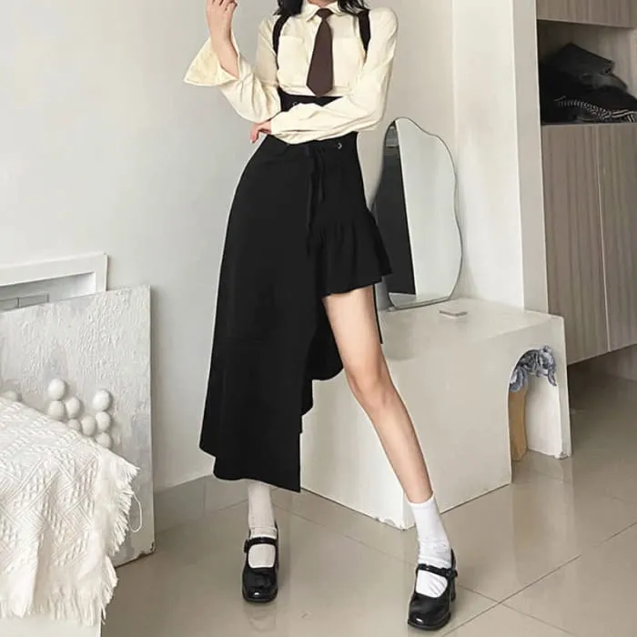 Chic Pocketed Tie Polo T-Shirt Irregular Lace Up Suspender Dress