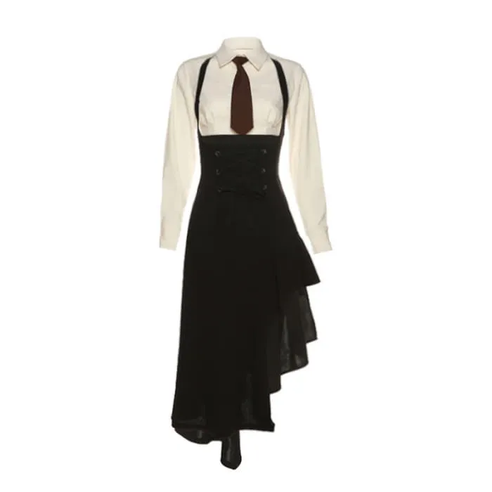 Chic Pocketed Tie Polo T-Shirt Irregular Lace Up Suspender Dress