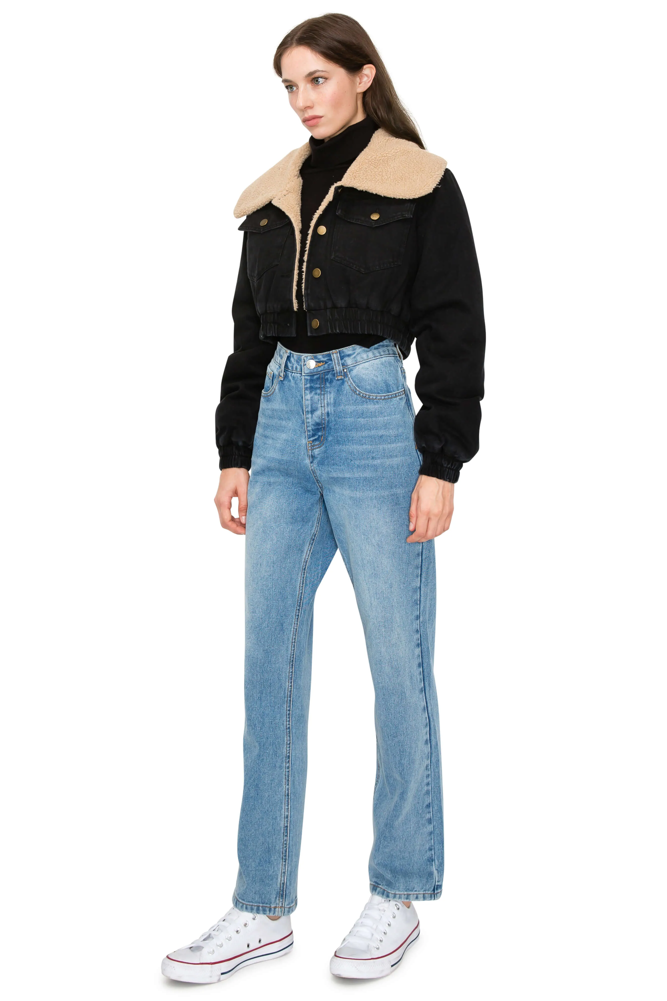 Contrast Shearling Collar Denim Crop Jacket