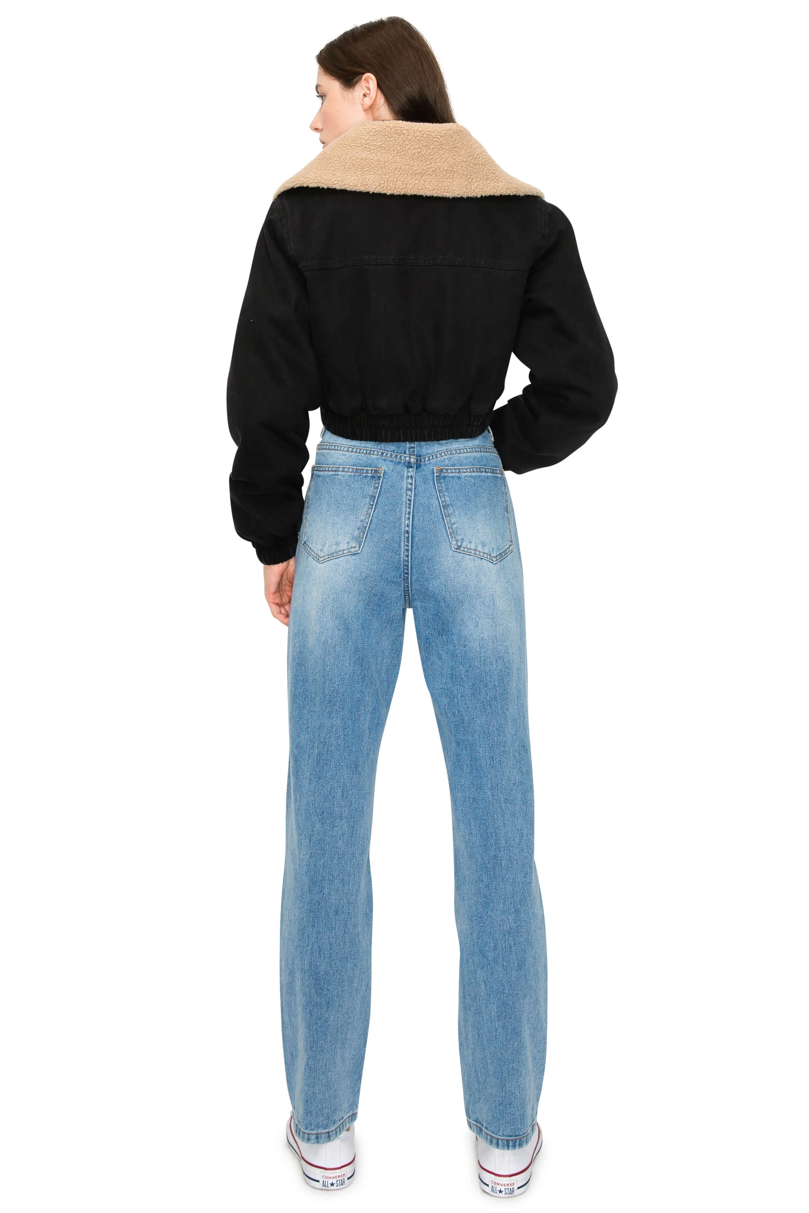 Contrast Shearling Collar Denim Crop Jacket