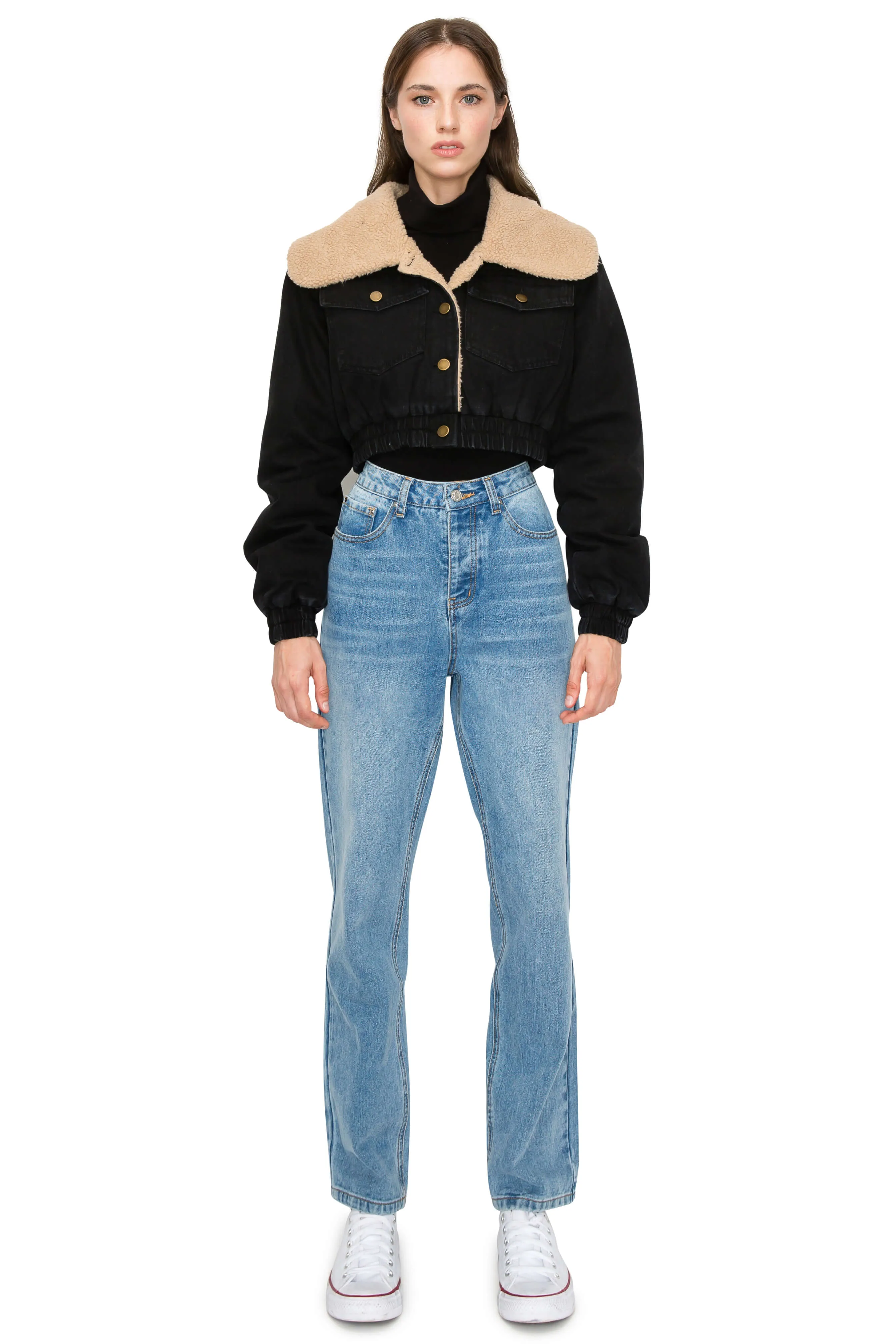 Contrast Shearling Collar Denim Crop Jacket