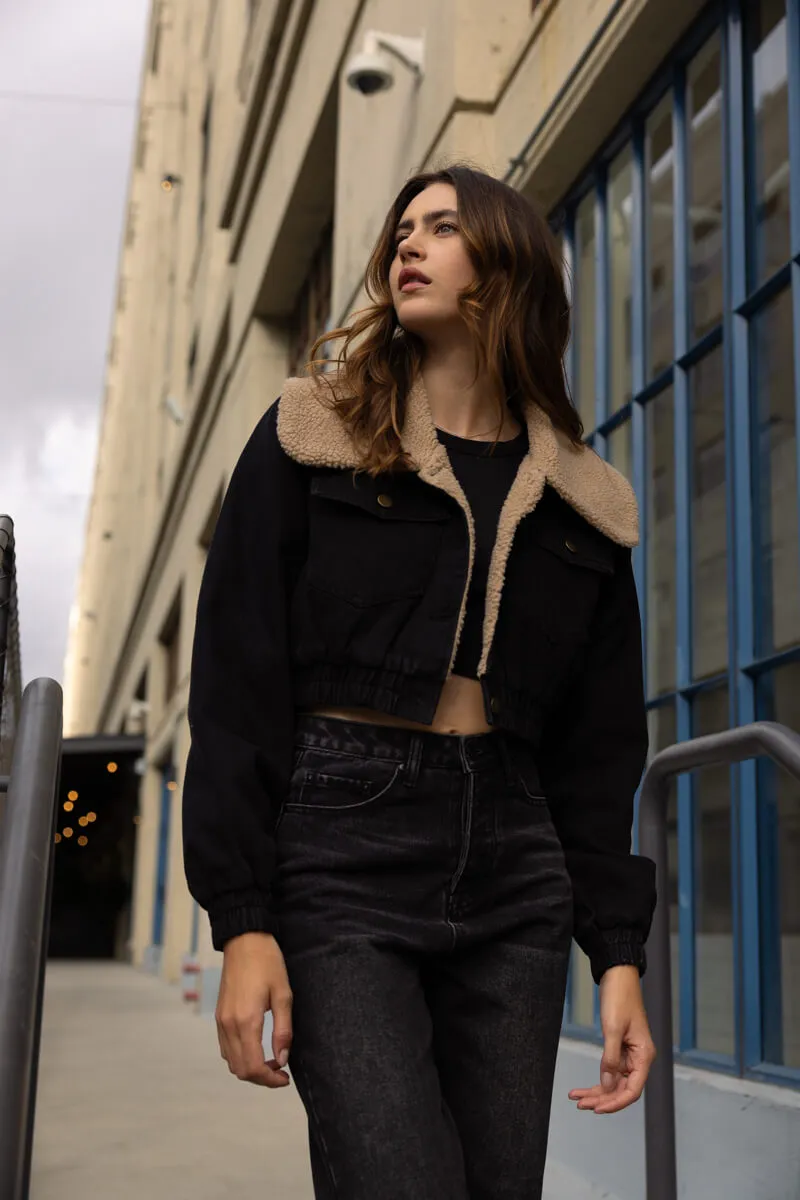 Contrast Shearling Collar Denim Crop Jacket