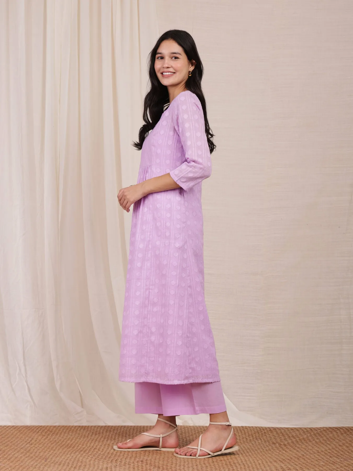 Cotton Jacquard Kurta Set - Purple