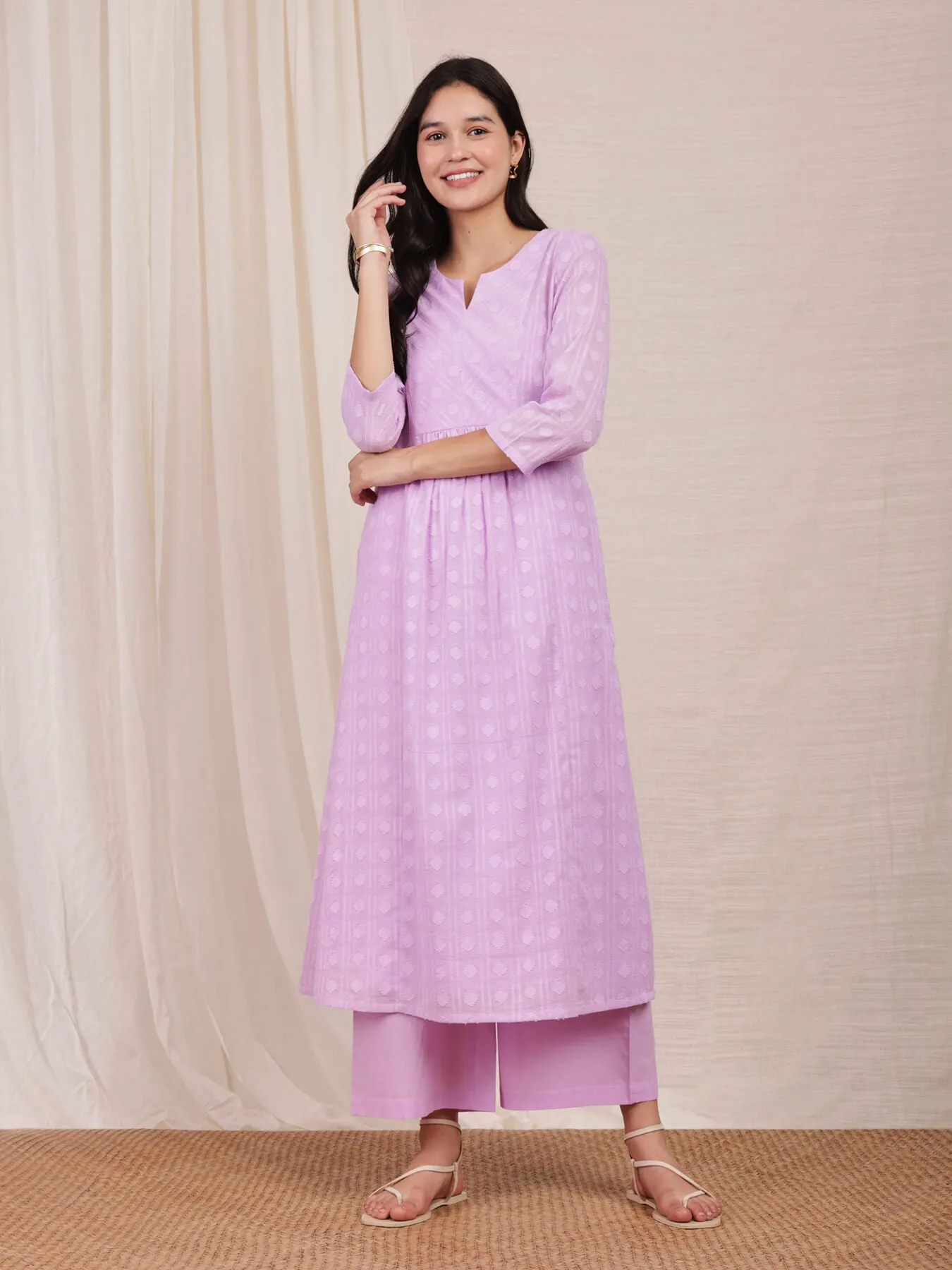 Cotton Jacquard Kurta Set - Purple