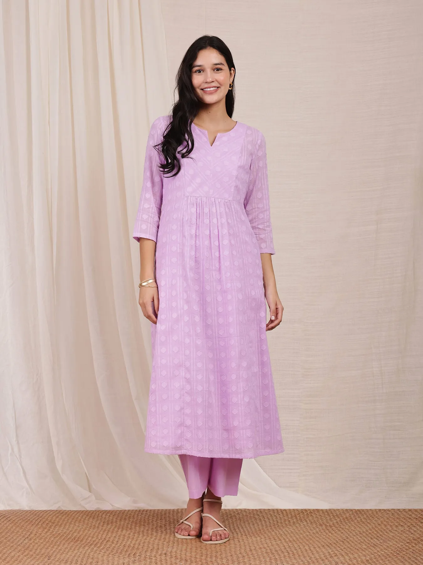 Cotton Jacquard Kurta Set - Purple