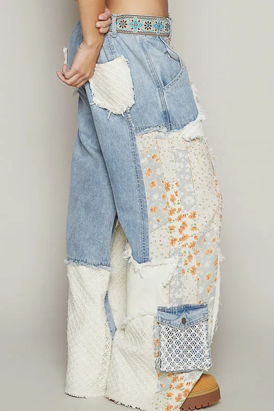 Designed relaxed fit pants in printed twill with patchwork detail.