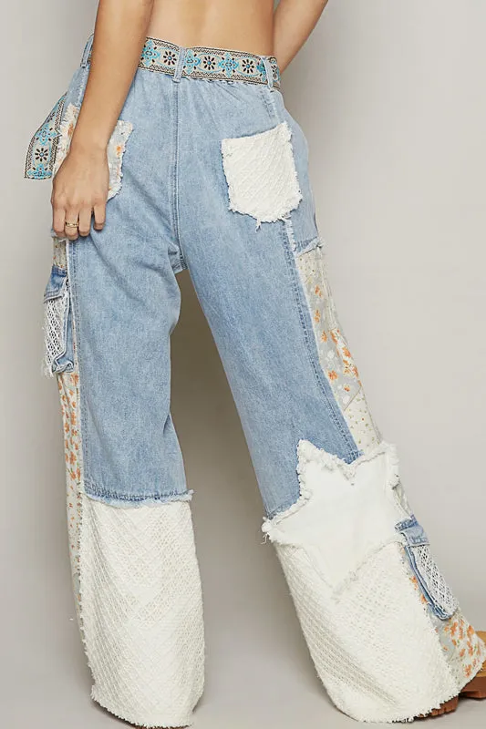 Designed relaxed fit pants in printed twill with patchwork detail.