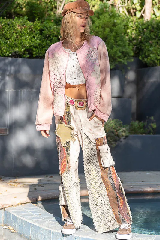 Designed relaxed fit pants in printed twill with patchwork detail.