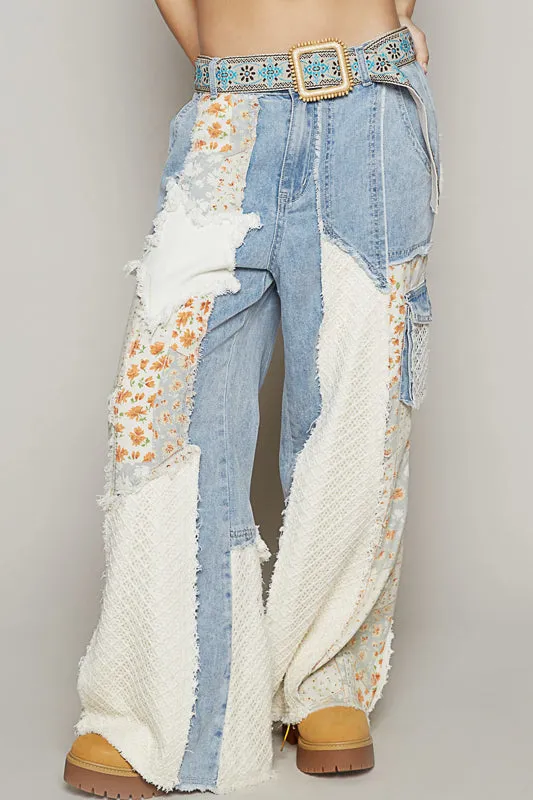 Designed relaxed fit pants in printed twill with patchwork detail.