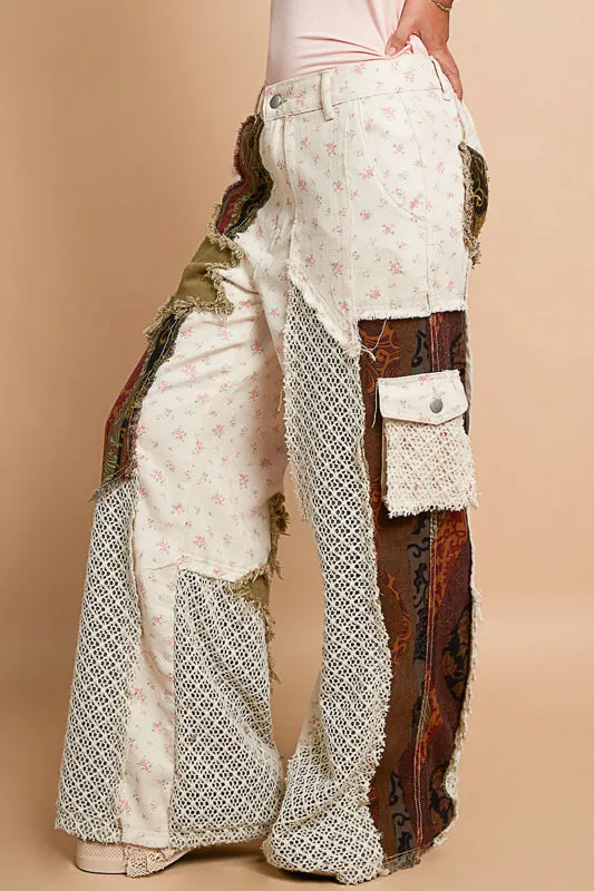 Designed relaxed fit pants in printed twill with patchwork detail.