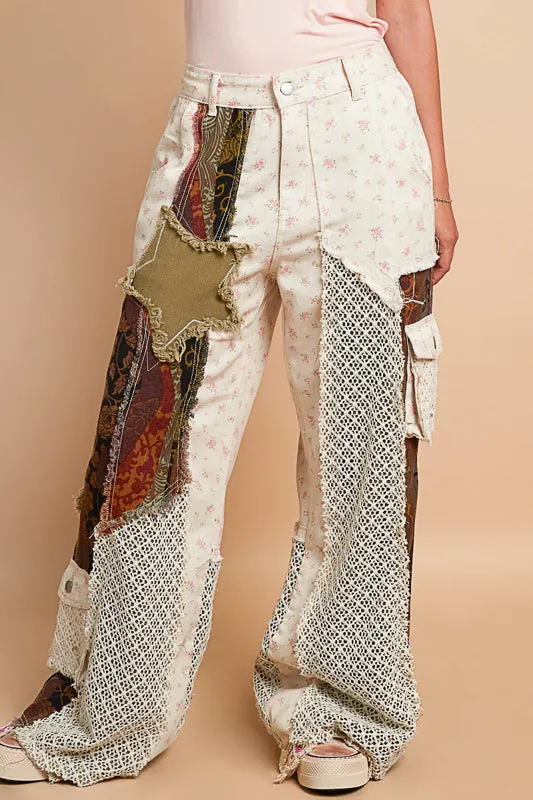 Designed relaxed fit pants in printed twill with patchwork detail.