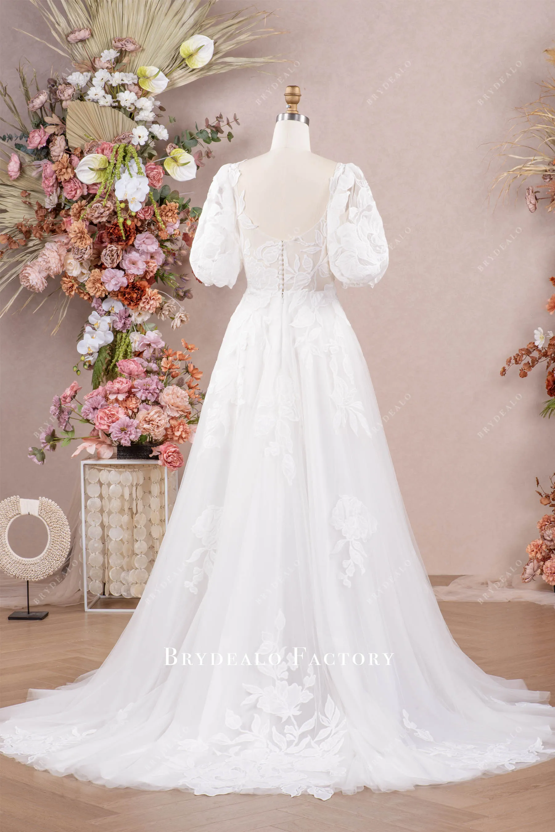 Designer Lace Half Sleeve Square Neck Destination Wedding Dress