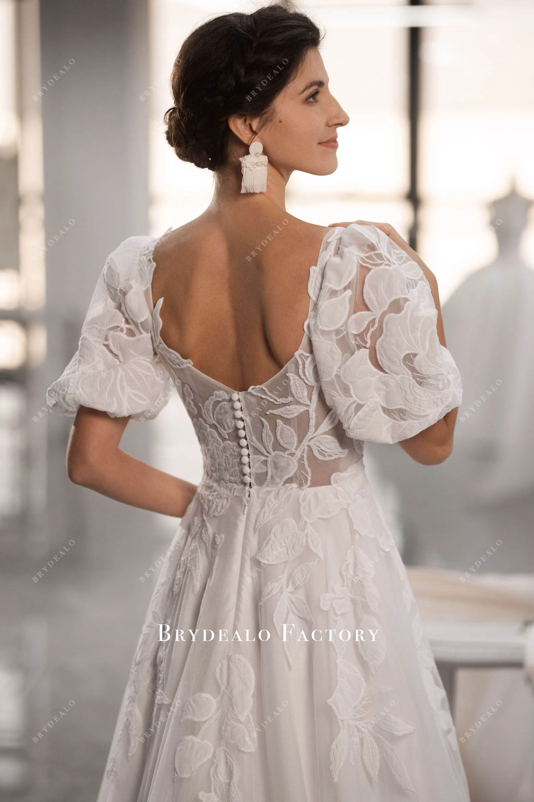 Designer Lace Half Sleeve Square Neck Destination Wedding Dress