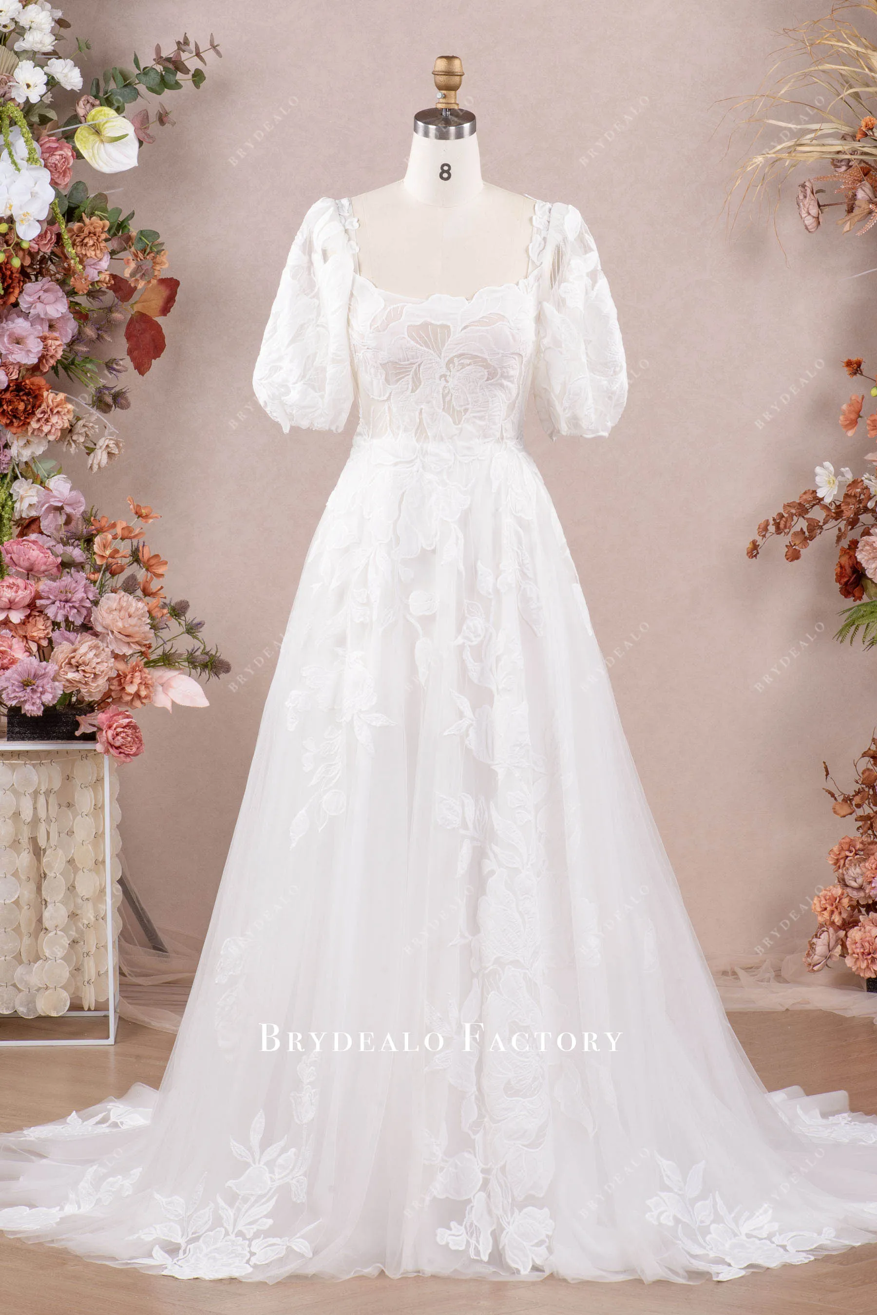 Designer Lace Half Sleeve Square Neck Destination Wedding Dress